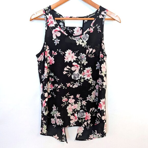Express	| Open Ladder-Back Panels Floral Sleeveless Top Black | Size Small - Picture 6 of 10